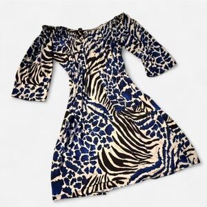 Tiana B. Off-Shoulder Dress, Black and Blue Animal Print, Elastic Neckline, Sz L